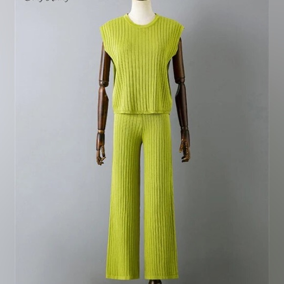 Women Two-Piece Set Top-Pants Medium Green Fruit Sleeveless Wide Leg High Rise - Picture 5 of 14